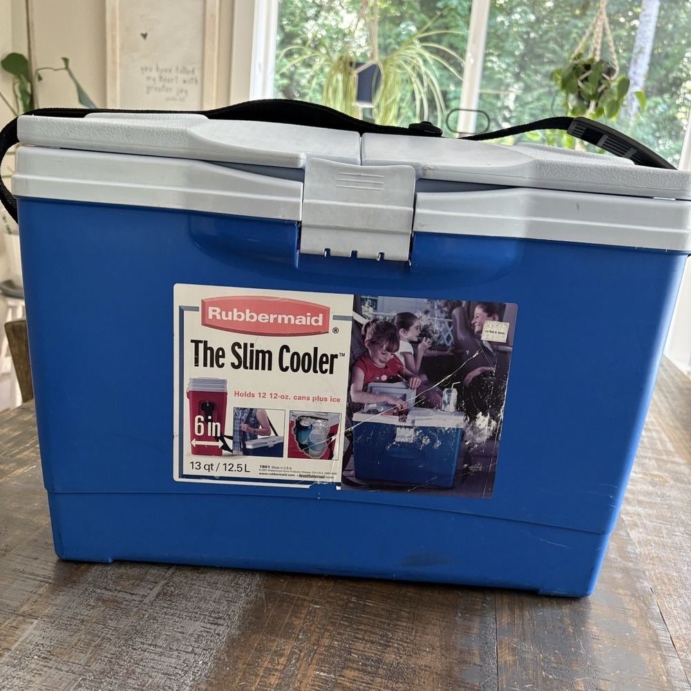 Vintage Rubbermaid Slim Cooler #1801 13 Qt Dual Open Lid Strap Blue
